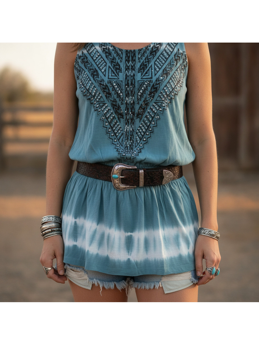Vocal Stylish Teal & White Sleeveless Dress with Black Geometric Rhinestone